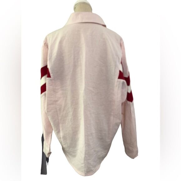 Bucketlist Button Down Shirt Pink Pin Stripe Sleeve Inset Mixed Media Size M - Picture 3 of 12